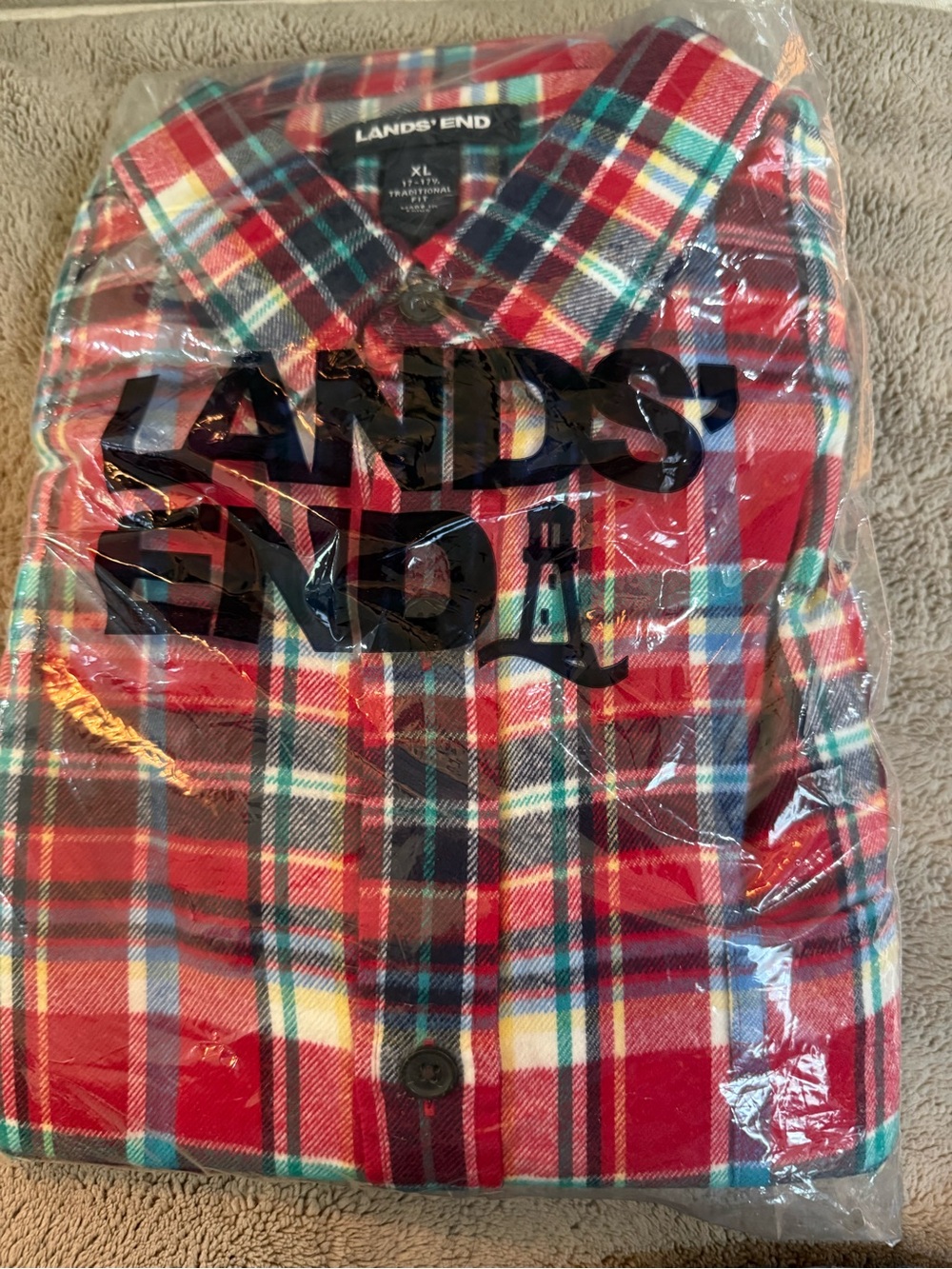 Lands' End Red Plaid Flannel ShirtXL NWT